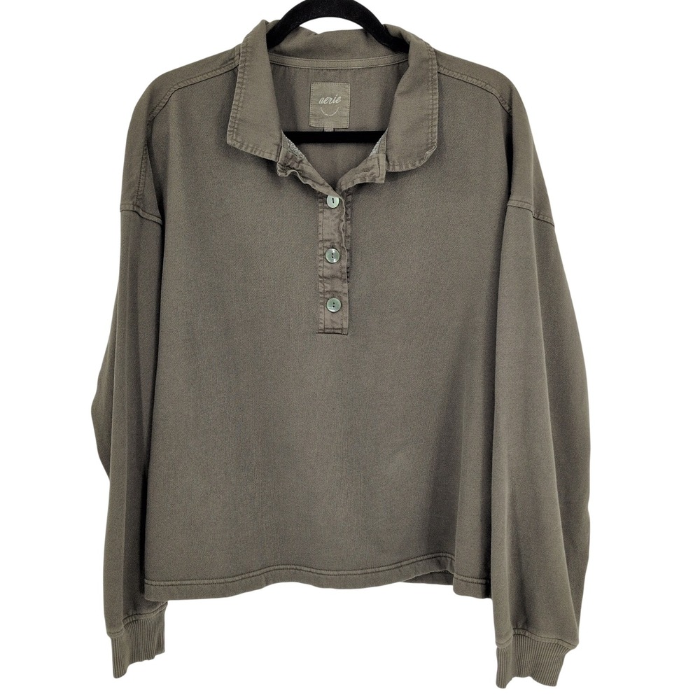 Aerie Henley Sweatshirt Polo Oversized Minimalist Granola Earthy Placket Medium